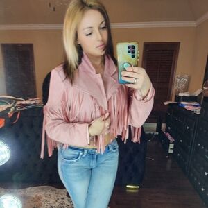 Women’s Pink Fringe Leather Jacket - Stylish Crop Coat